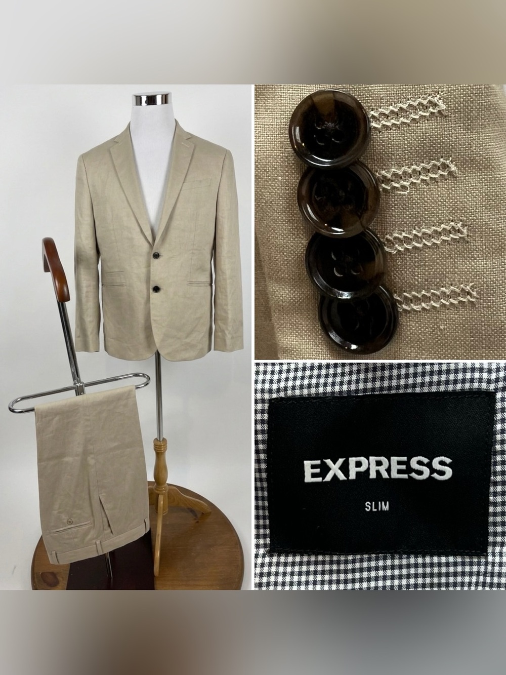 Express Men's 40S Slim Blazer 36x32 Pants Stretch Beige Linen/Wool Blend Suit
